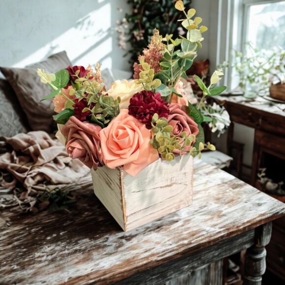 Fall Faux Floral Arrangement in Rustic Wooden Box – Home or Office Decor - Picture 11 of 13